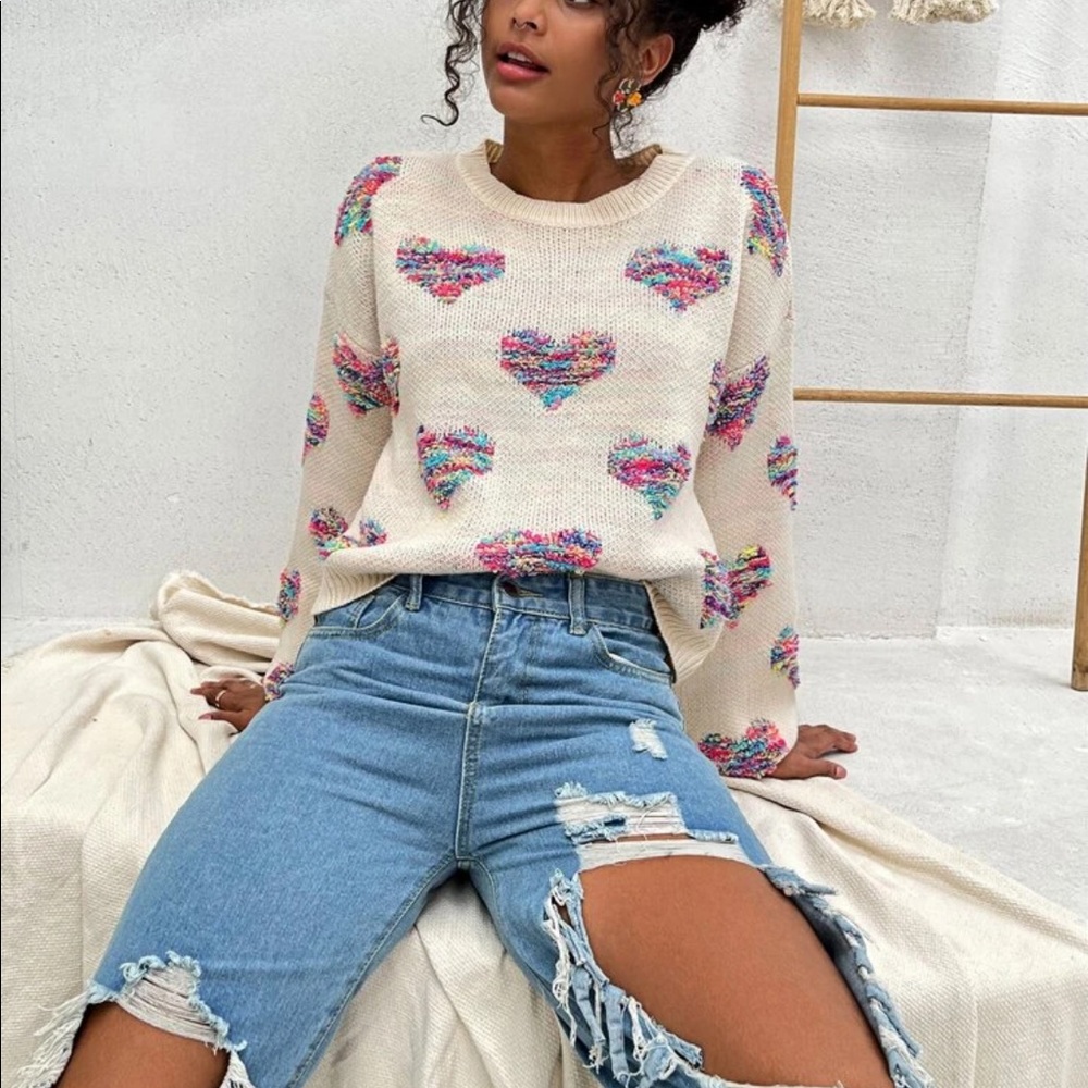 Sweater heart rainbow knit womens fuzzy cute - Picture 7 of 13